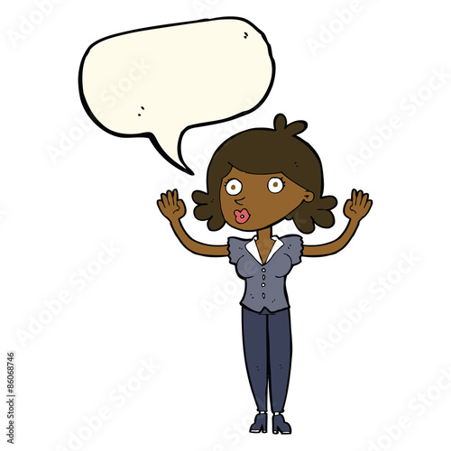 cartoon woman surrendering with speech bubble