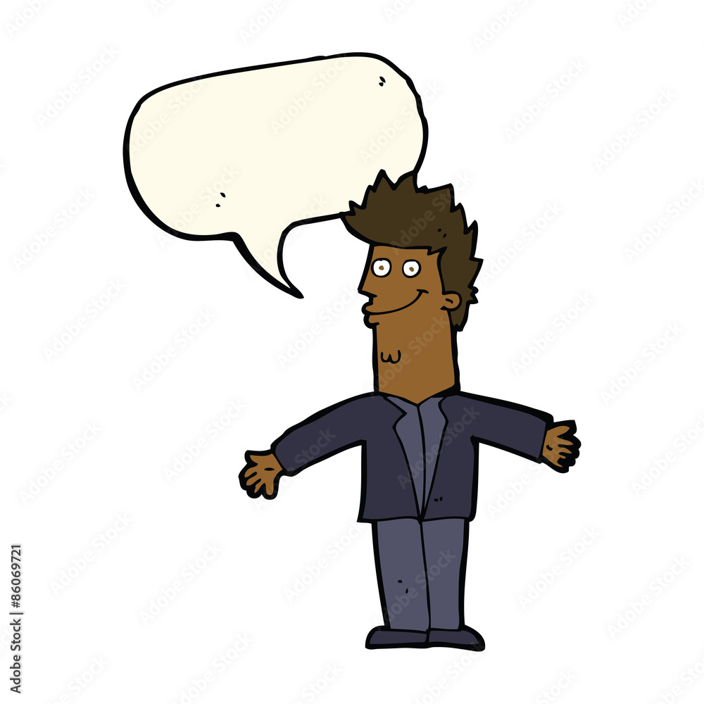 cartoon happy man with open arms with speech bubble cartoon happy man with open arms with speech bubble