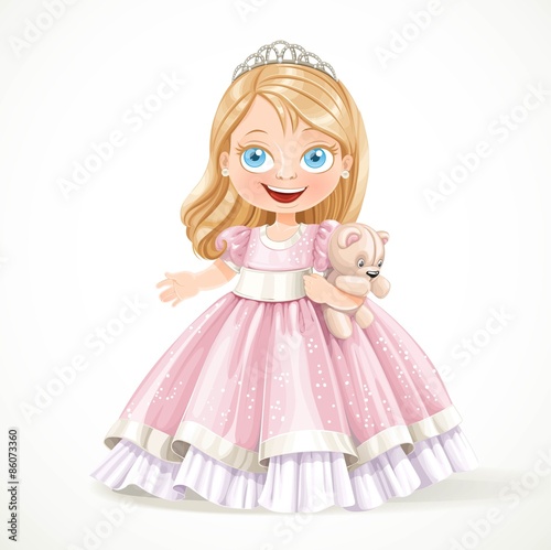 Cute little princess in magnificent pink dress with teddy bear i