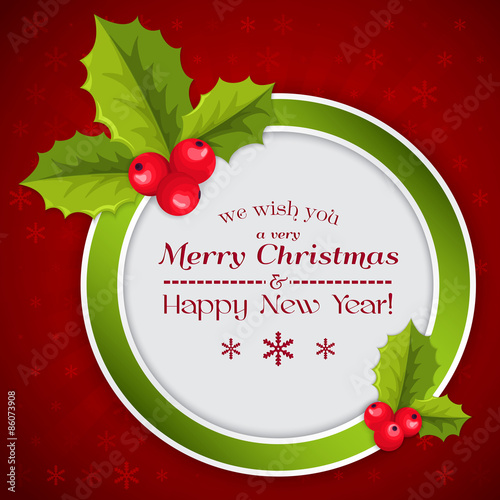 Merry Christmas card with holly berries
