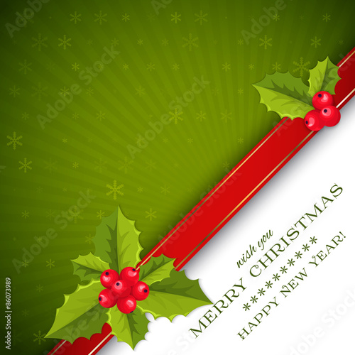 Merry Christmas card with holly berries