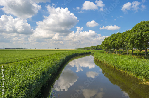 Canal through sunny farmland in summer