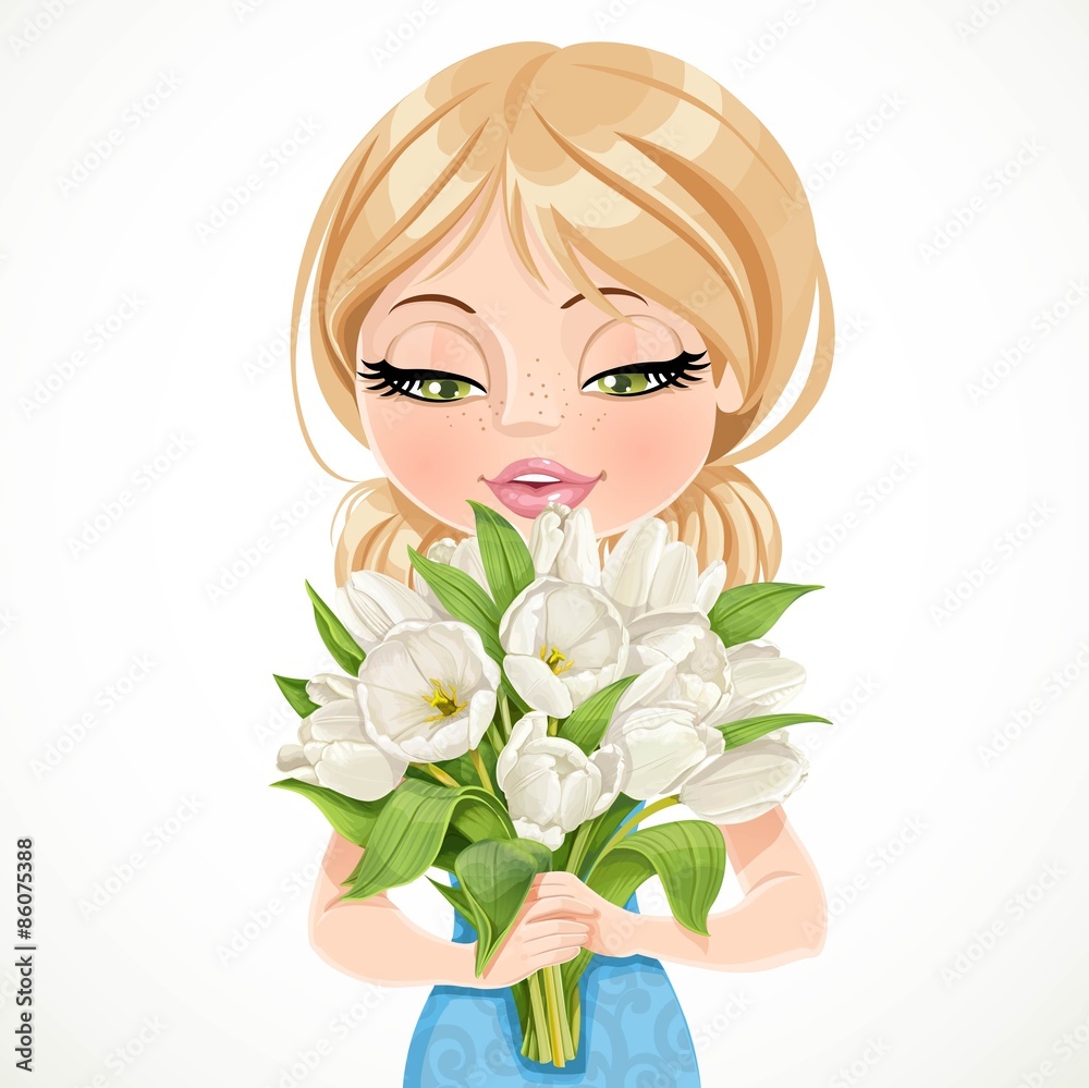 Cute blond girl holding beautiful bouquet white tulips on white