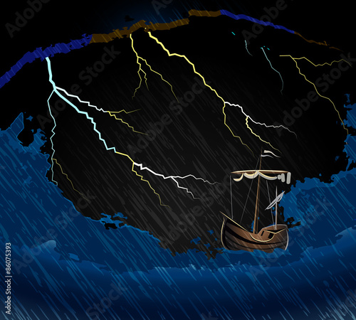 Ship in the storm on the waves in the sea and lightning