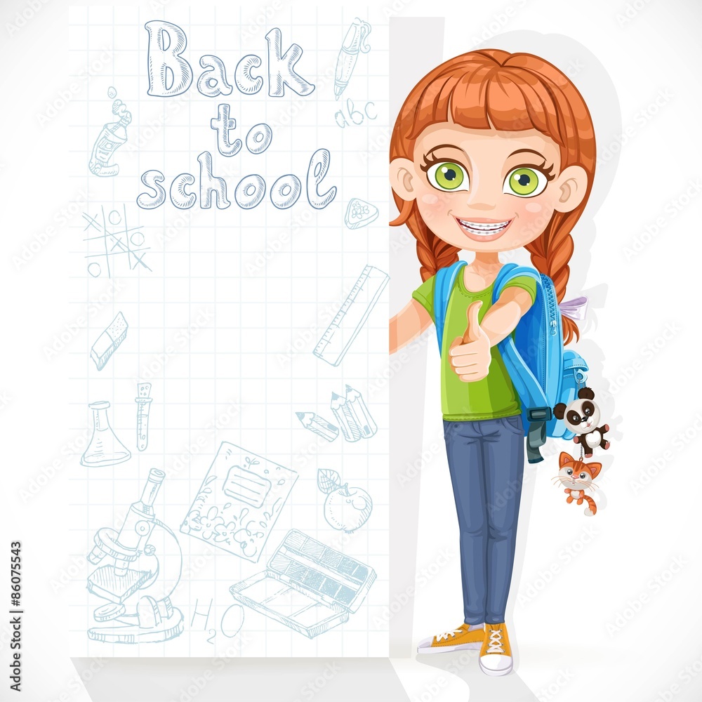 Cute girl student with a big banner for your text Cute girl student with a big banner for your text