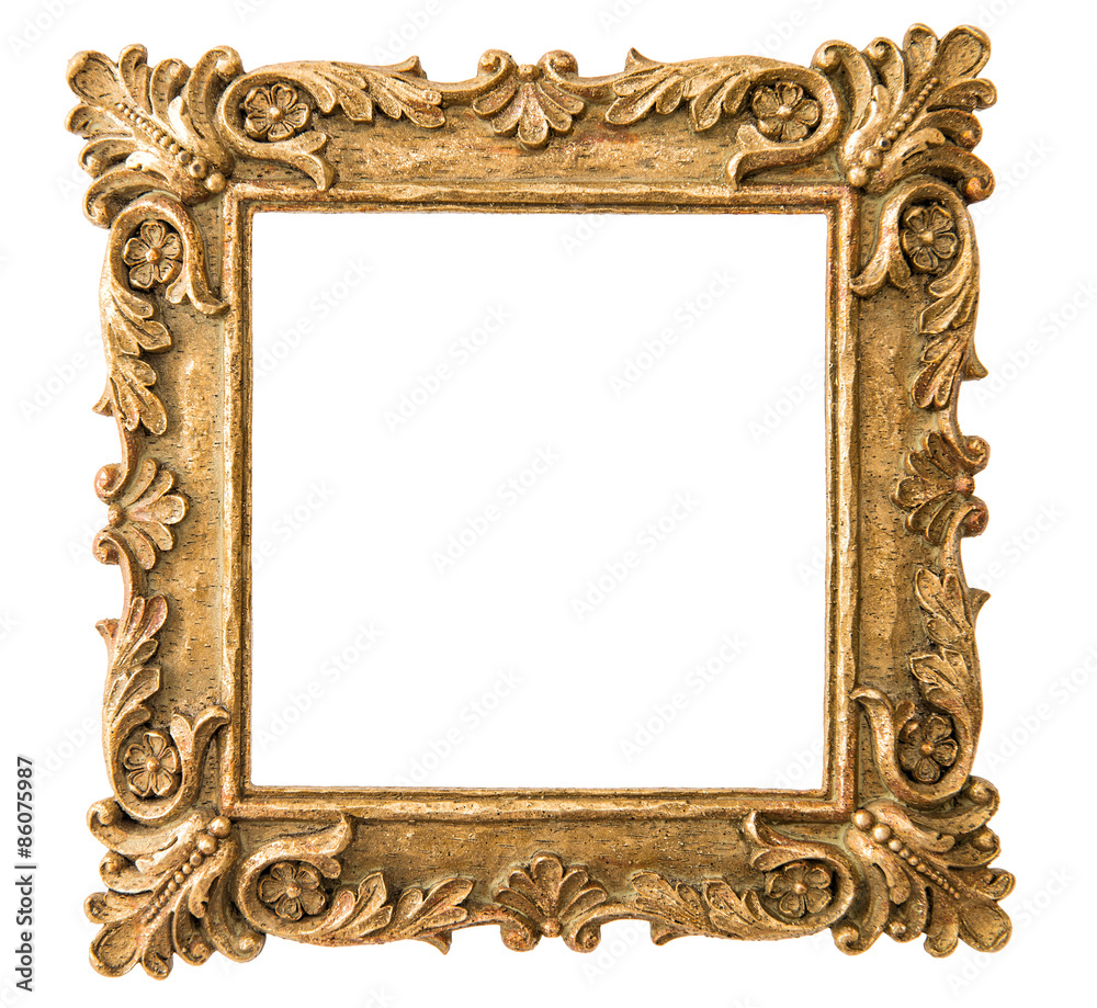 Antique golden frame on white background. Retro style object