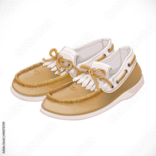 A pair of women beige with white moccasins isolated on white bac