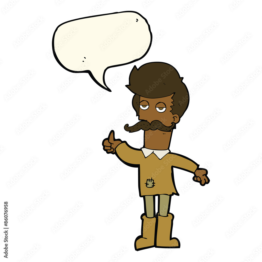 cartoon old man in poor clothes with speech bubble