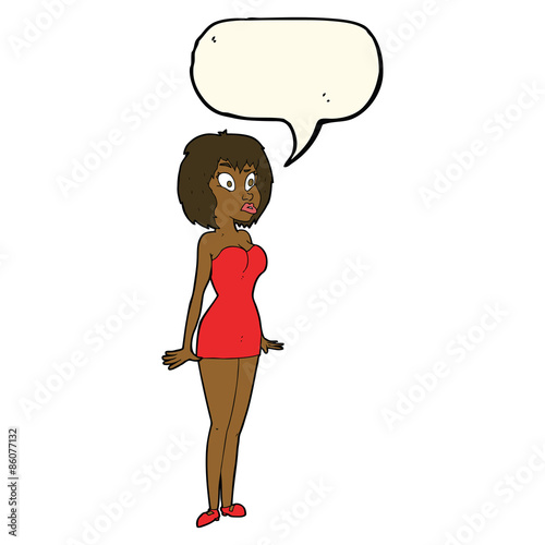 cartoon surprised woman in short dress with speech bubble