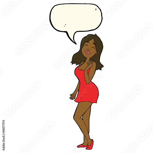 cartoon pretty woman in cocktail dress with speech bubble