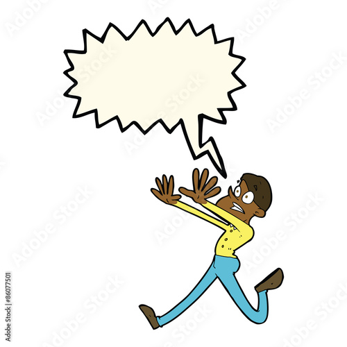 cartoon man running away with speech bubble