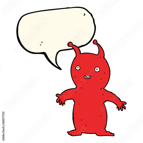 cartoon happy little alien with speech bubble