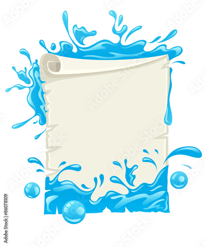 Paper script poster design blank template with water splashes.