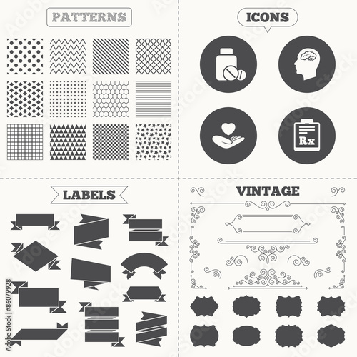 Medicine icons. Tablets bottle, brain, Rx.