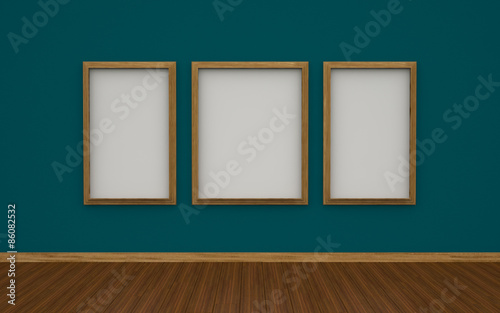 3D illustration of gallery interior with empty photo frames