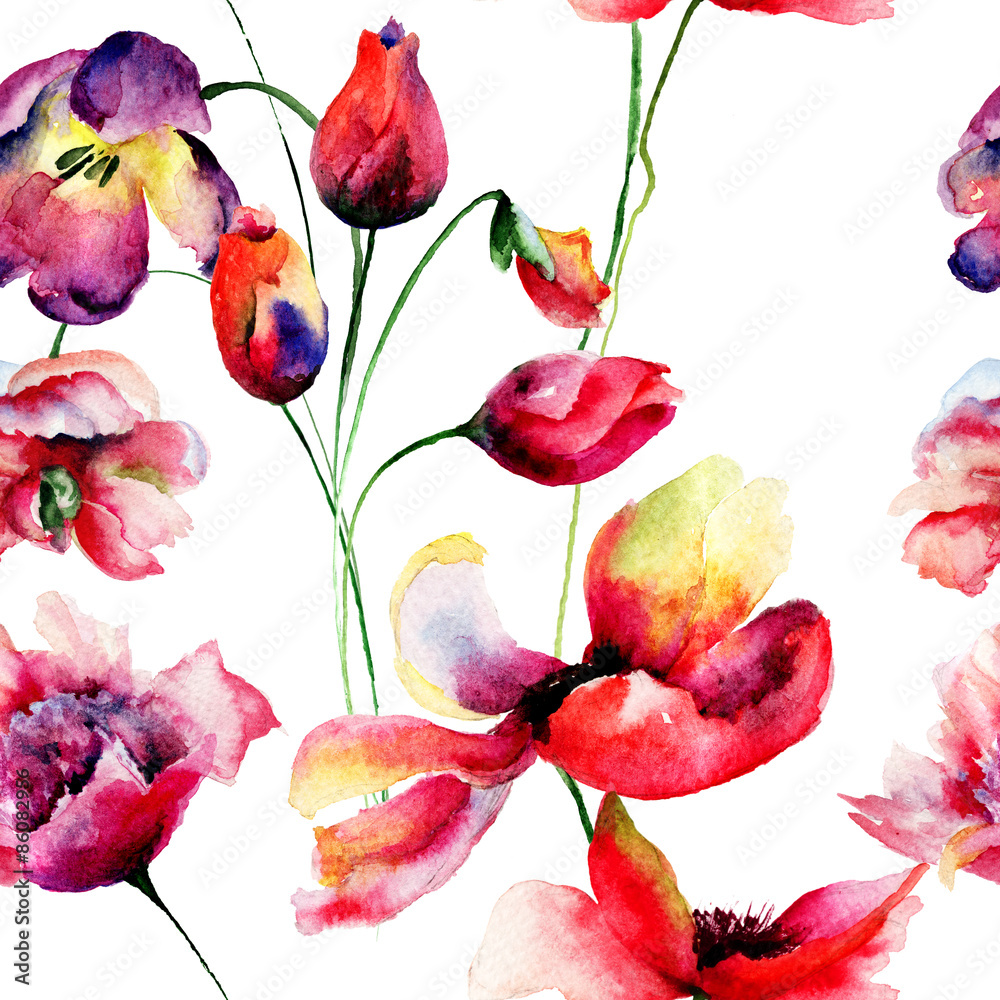 Seamless pattern with Tulips and Poppy flowers