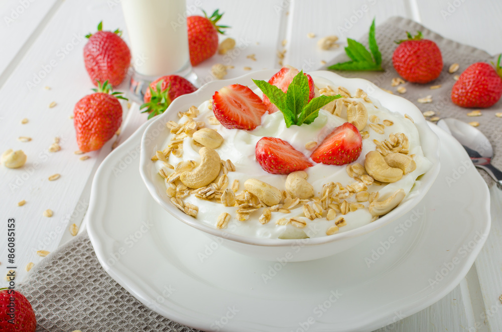 Domestic yogurt with strawberries Domestic yogurt with strawberries