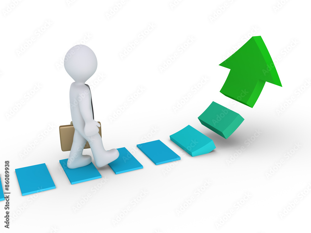 Businessman walking on rising arrow Businessman walking on rising arrow