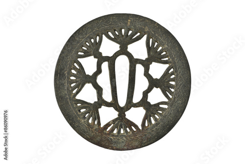 Japanese sword mountings on white background (Tsuba)