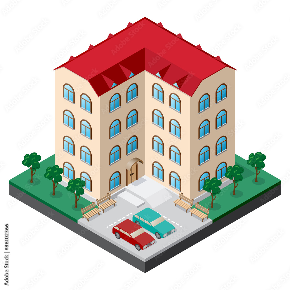 Isometric multistory building courtyard with benches, cars, trees and lawn. Vector illustration for design of various applications.