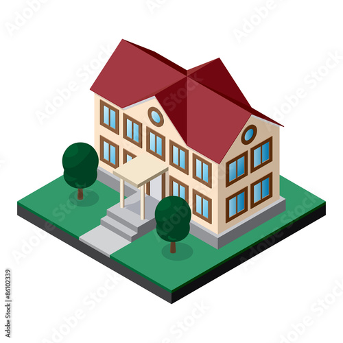 Two-story building with lawn and trees. Isometric Vector for design of various applications.