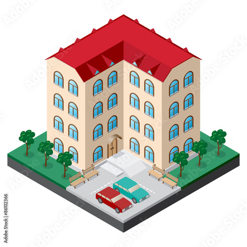 Isometric multistory building courtyard with benches, cars, trees and lawn. Vector illustration for design of various applications.