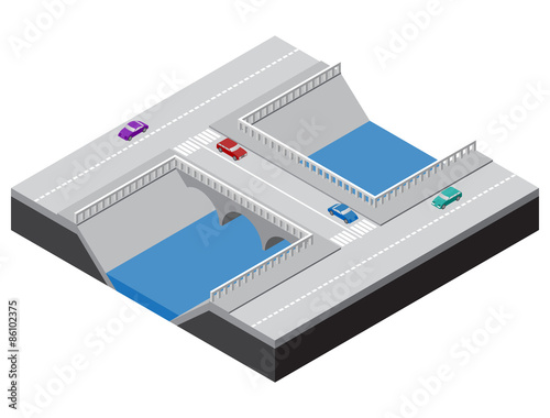 Isometric bridge across a river with roads, sidewalks and cars. Vector illustration for design of various applications.