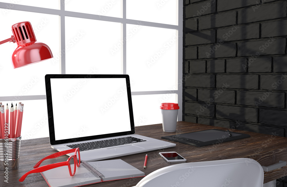 3D illustration laptopand work stuff on table near brick wall 3D illustration laptopand work stuff on table near brick wall
