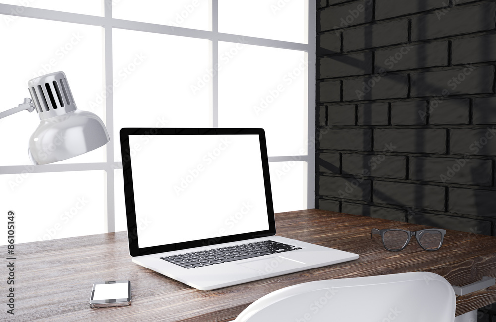 3D illustration laptopand work stuff on table near brick wall 3D illustration laptopand work stuff on table near brick wall