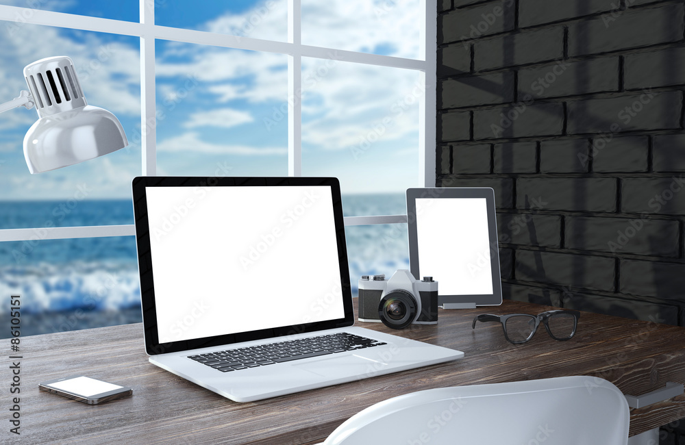 3D illustration laptopand work stuff on table near brick wall 3D illustration laptopand work stuff on table near brick wall