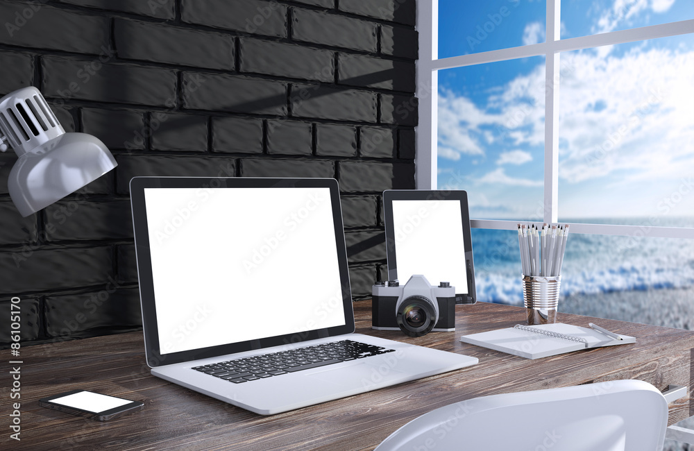 Fototapeta premium 3D illustration laptopand work stuff on table near brick wall