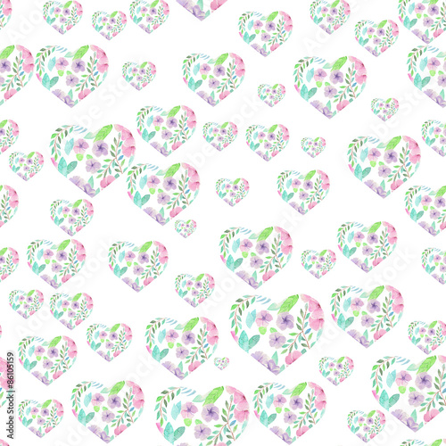 Seamless pattern of hearts formed from the watercolor floral elements on a white background