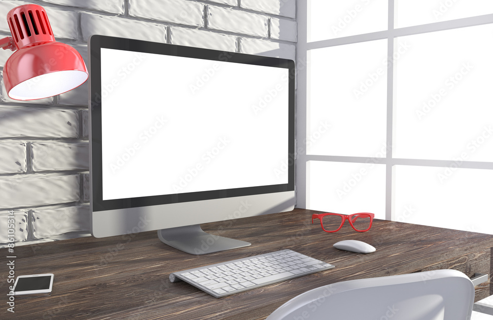 Fototapeta premium 3D illustration PC screen on table in office, Workspace