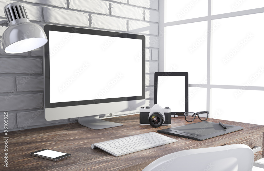 Fototapeta premium 3D illustration PC screen on table in office, Workspace