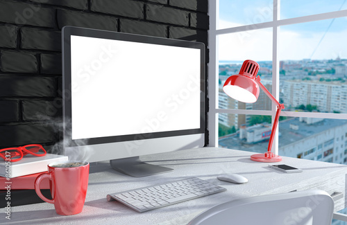3D illustration PC screen on table in office, Workspace