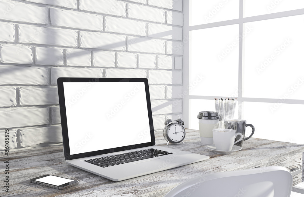 Fototapeta premium 3D illustration laptopand work stuff on table near brick wall