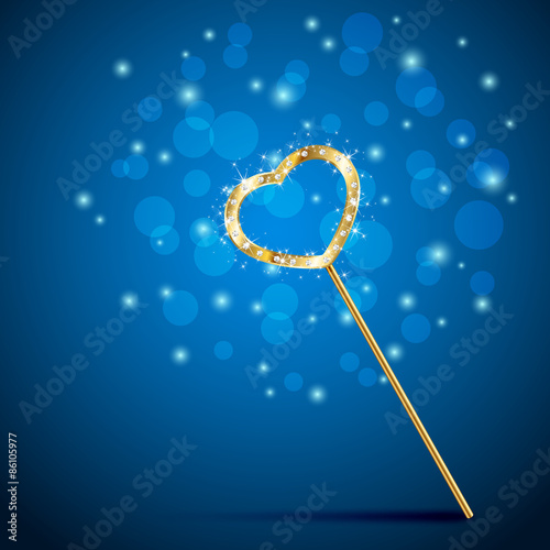 Magic wand with heart on blue background