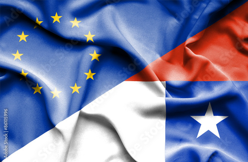 Waving flag of Chile and EU