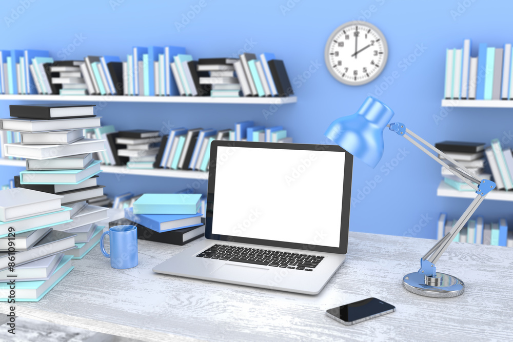 3D illustration laptop and books, Workspace 3D illustration laptop and books, Workspace