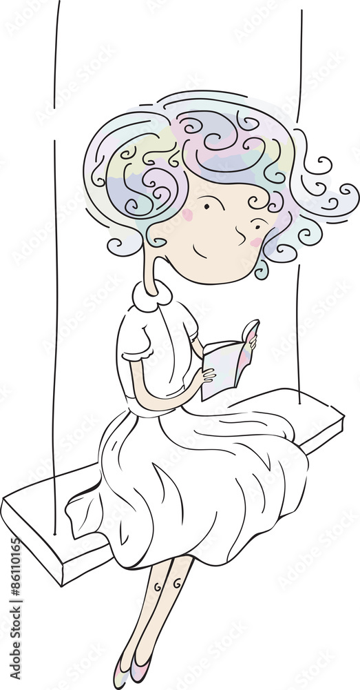 Vector vertical illustration of a young girl sitting on swing, with book, colored, pastel, cute Vector vertical illustration of a young girl sitting on swing, with book, colored, pastel, cute