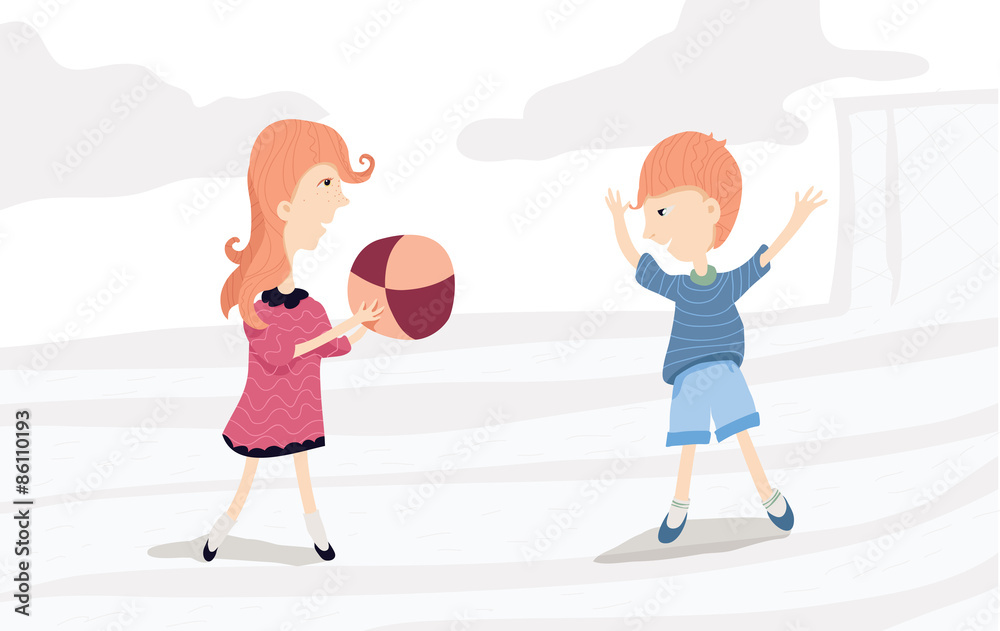 Vector horizontal illustration of boy and girl, playing with ball, colored, in pastel colors. Vector horizontal illustration of boy and girl, playing with ball, colored, in pastel colors.