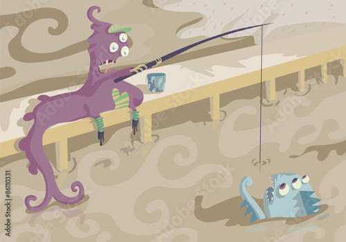 Vector illustration of a monster, fishing, fun.