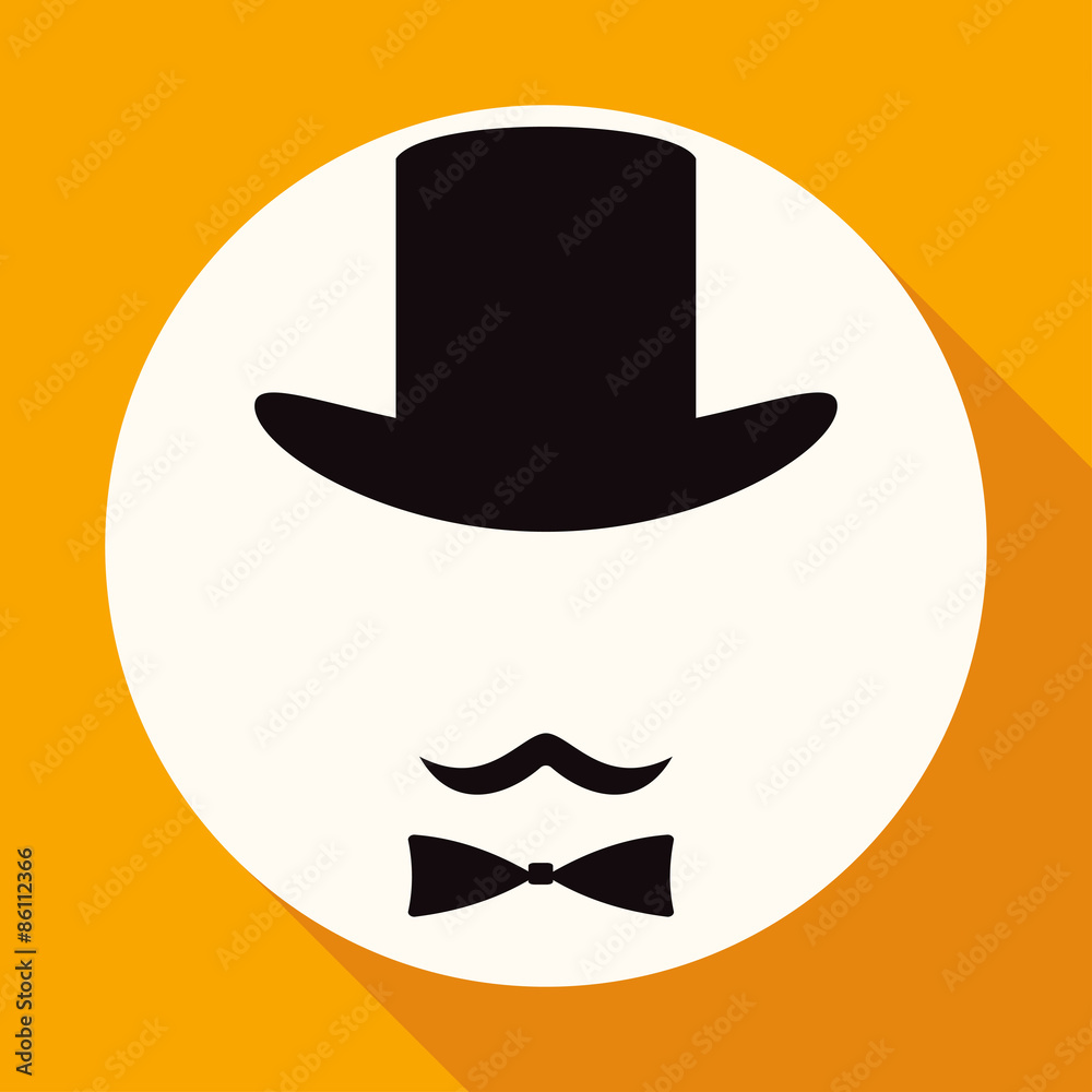 Bowler hat and moustache on white circle with a long shadow Bowler hat and moustache on white circle with a long shadow