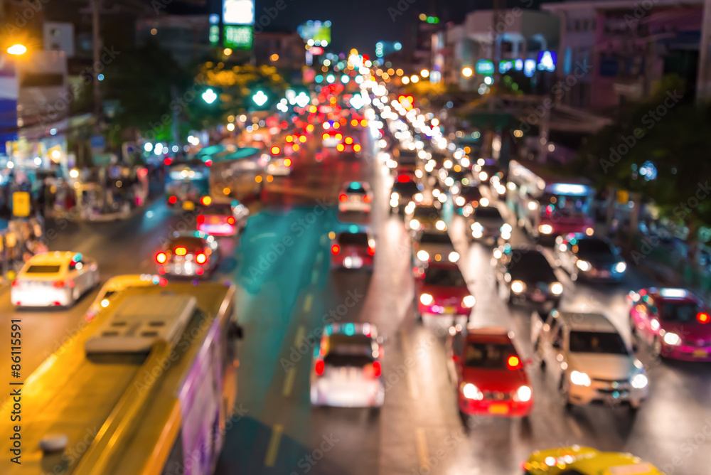 abstact blur bokeh of Evening traffic jam on road in city