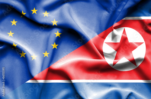 Waving flag of North Korea and EU