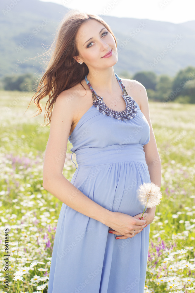 Pregnant woman with dandelion in hands Pregnant woman with dandelion in hands
