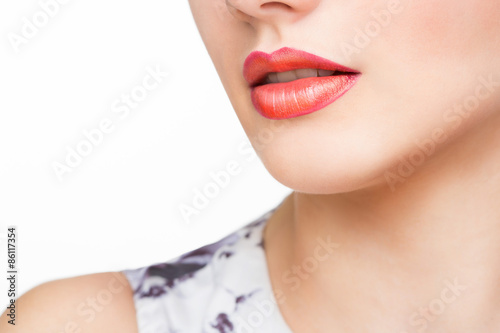 Red Sexy Lips and Nails closeup. Open Mouth. Manicure and Makeup photo