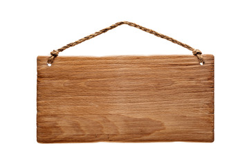 wooden signboard hanging from a rope