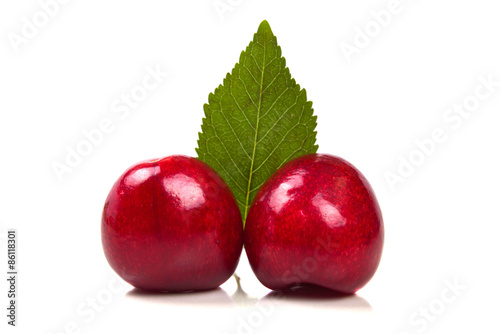 Two bright ripe red cherry with leaf