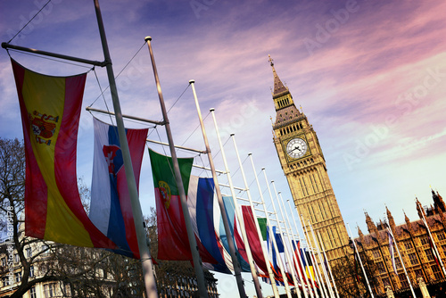 Row of International Flags in front of Big Ben